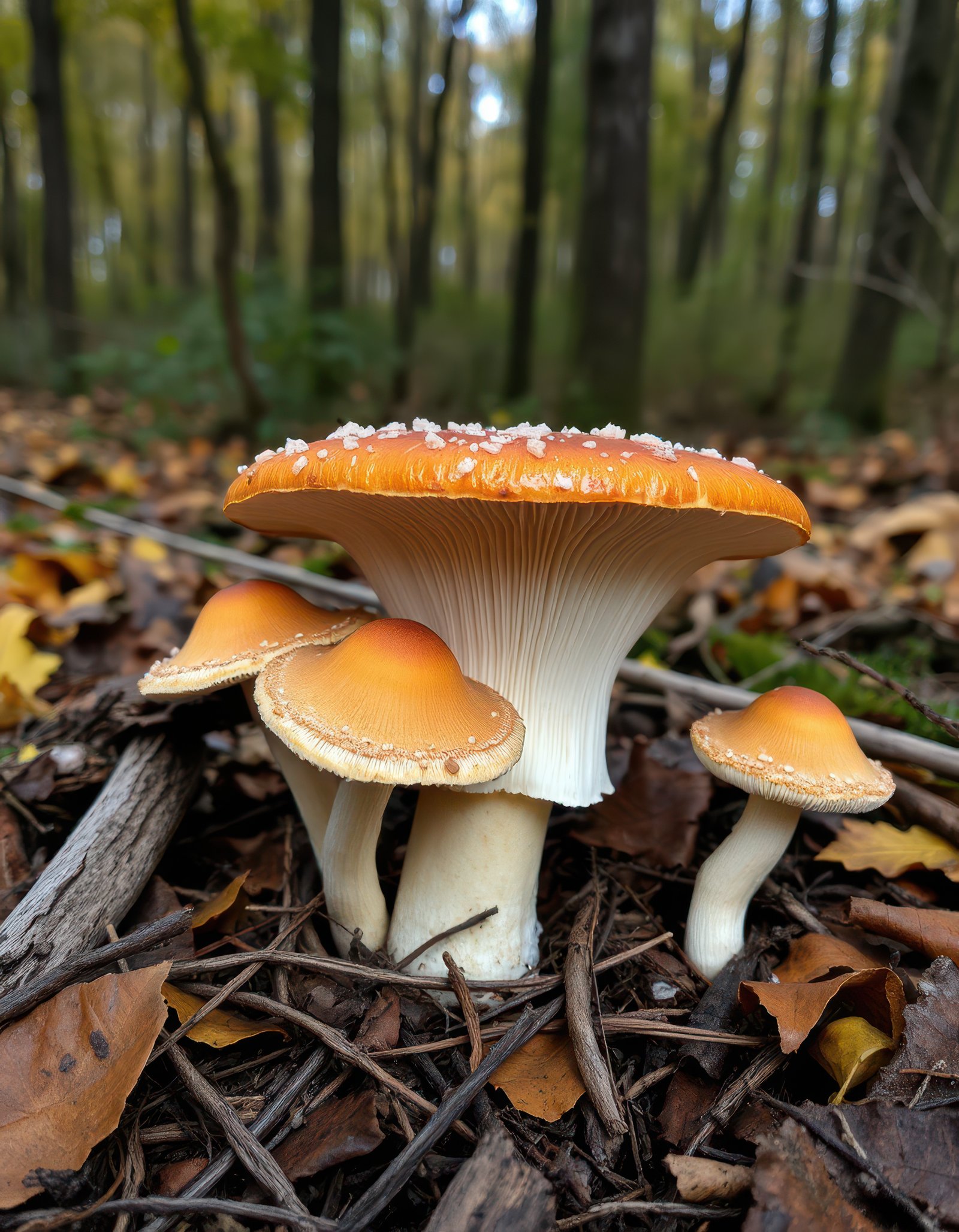 Colorful mushrooms emerge from the forest floor under autumn foliage in a serene woodland setting